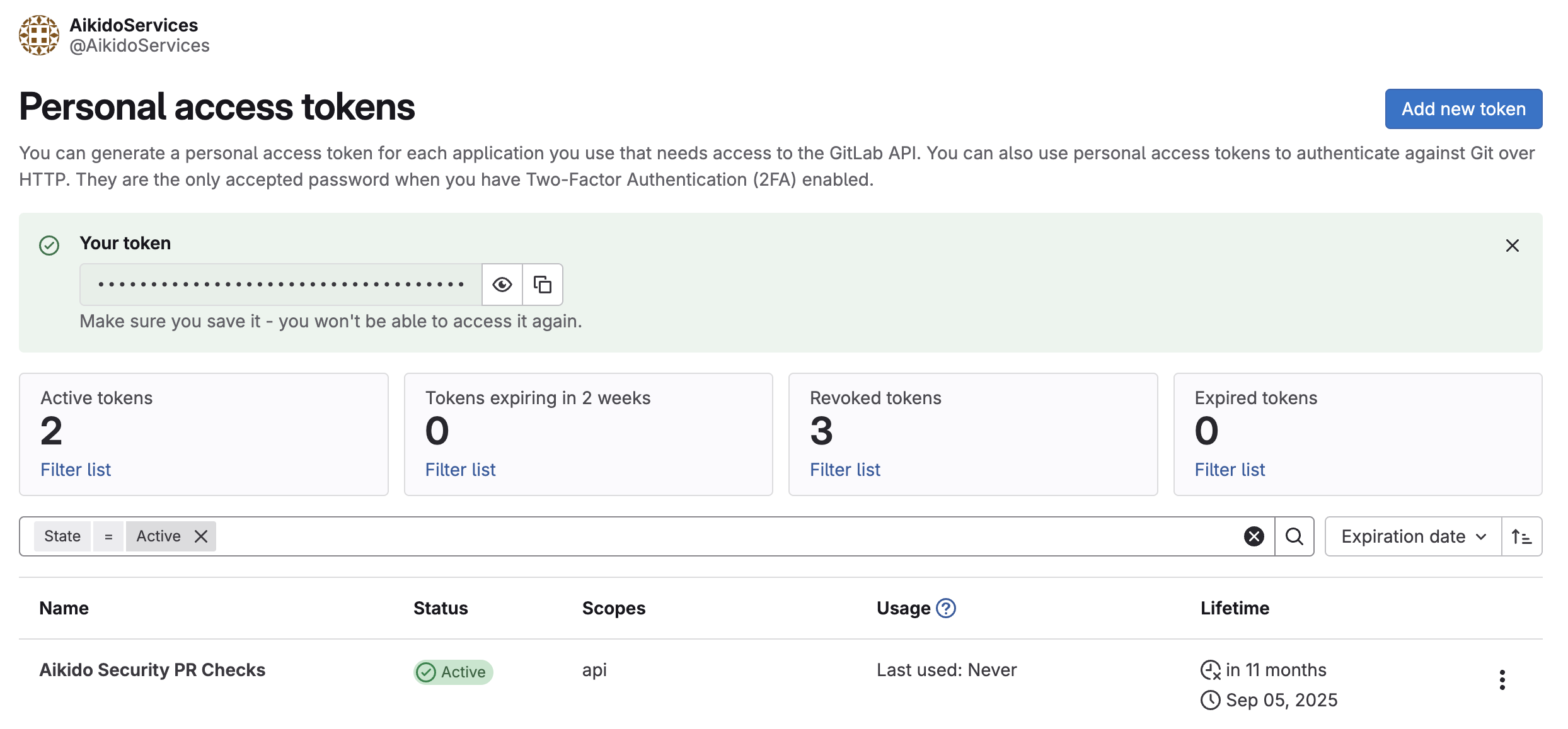 GitLab Service Account access token generation and management interface, showing an active token.