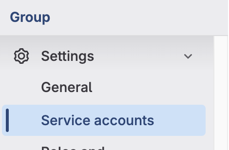 Gitlab group sidebar: highlighting "Service accounts" under the "Settings" option