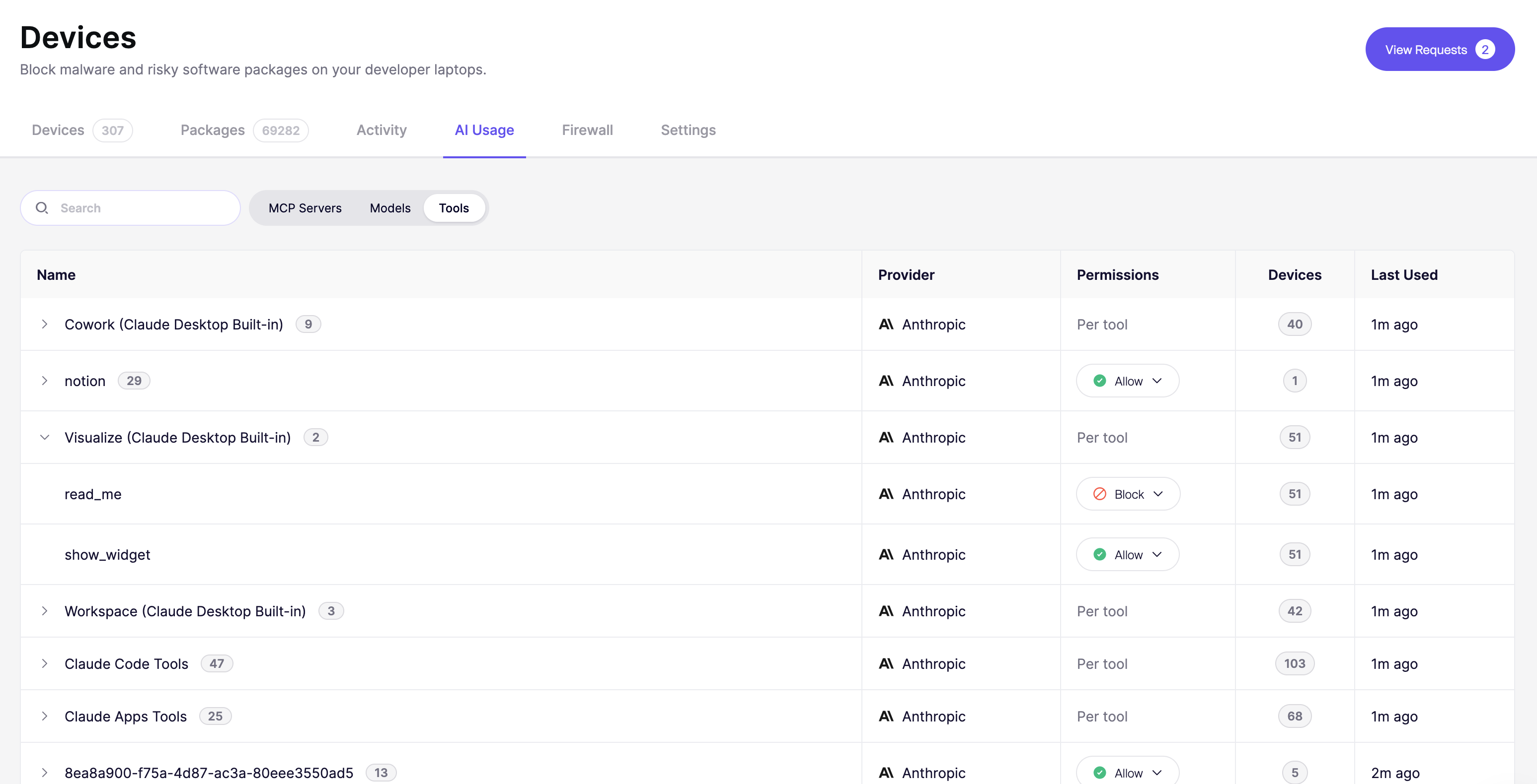 The Tools view listing tools with their provider, permission, and device count