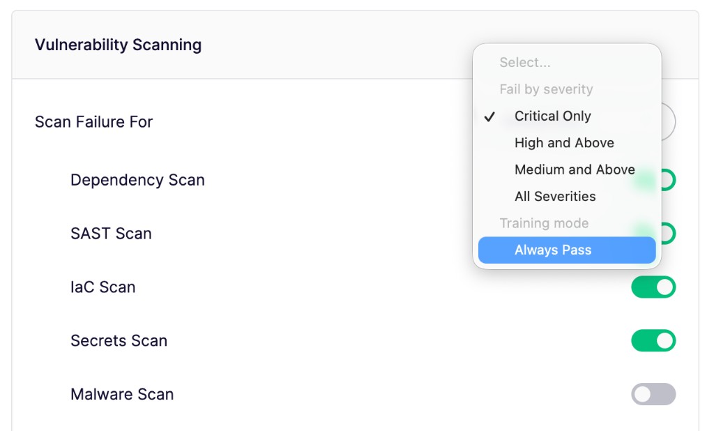 The Always Pass option in a repository's PR-gating failure threshold menu.