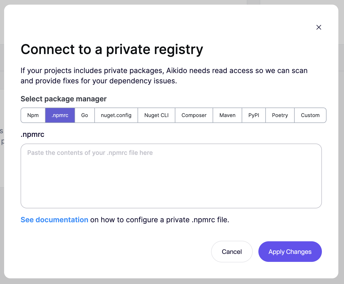 Connect Aikido to a private registry by configuring your package manager credentials.