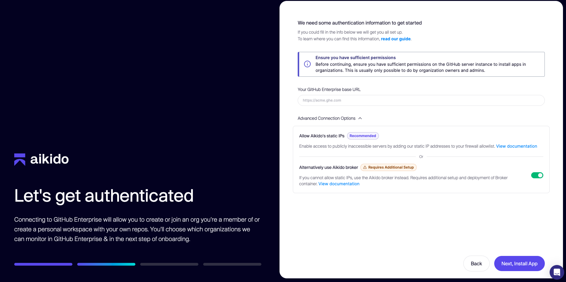 Aikido onboarding: Enter GitHub Enterprise URL to authenticate