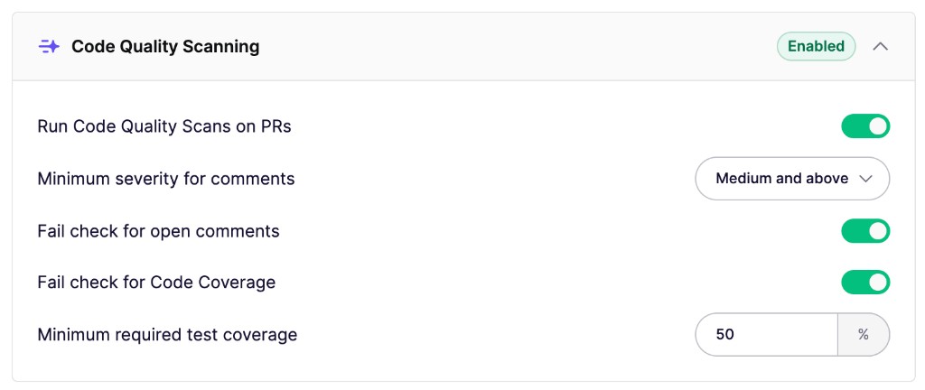Code Quality Scanning settings with Fail check for Code Coverage enabled and a 50% minimum.