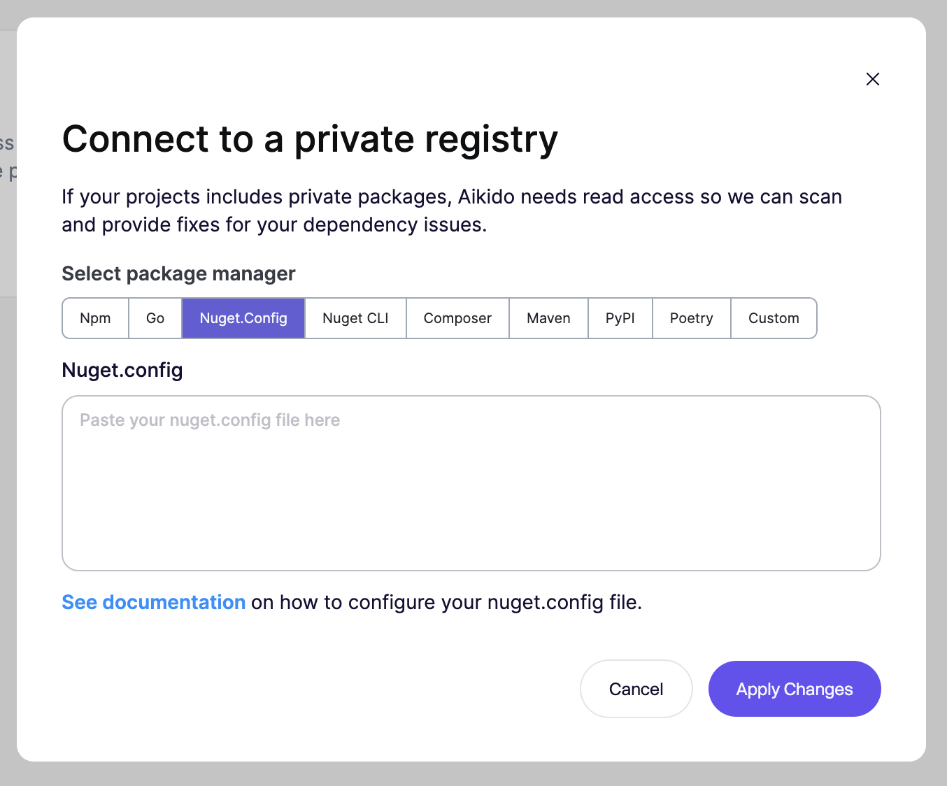 Connect to a private package registry by uploading your configuration file for dependency scanning.