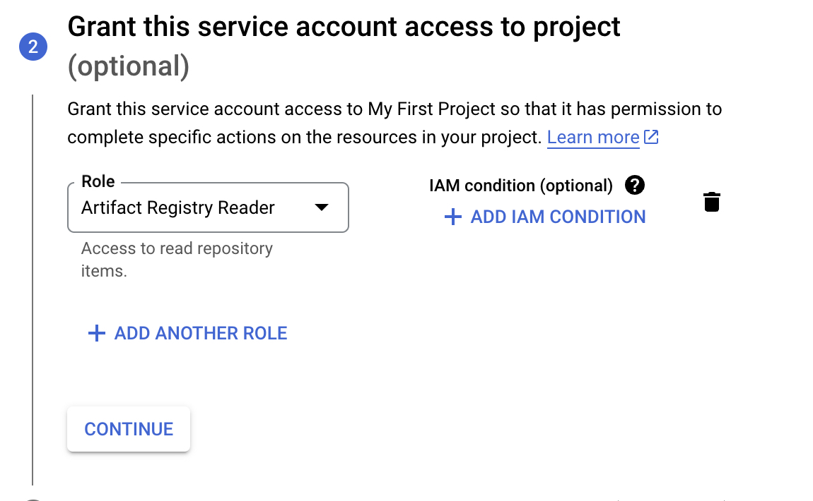 Assigning the "Artifact Registry Reader" role to a service account in a Google Cloud project.
