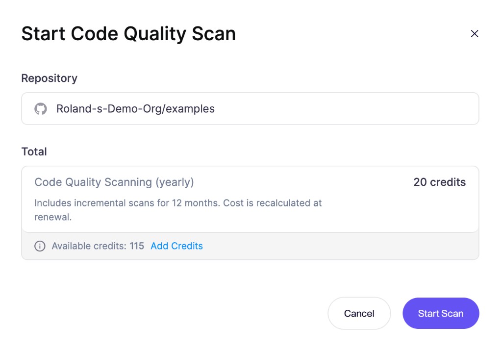 Start Code Quality Scan modal showing yearly credit cost