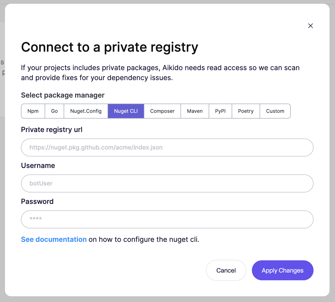 Connect to a private package registry by entering Nuget CLI credentials and URL.