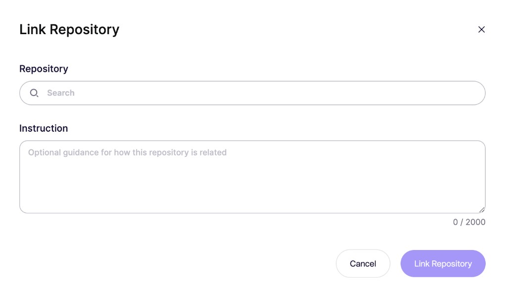 Link Repository dialog with a repository search field and an optional instruction field.