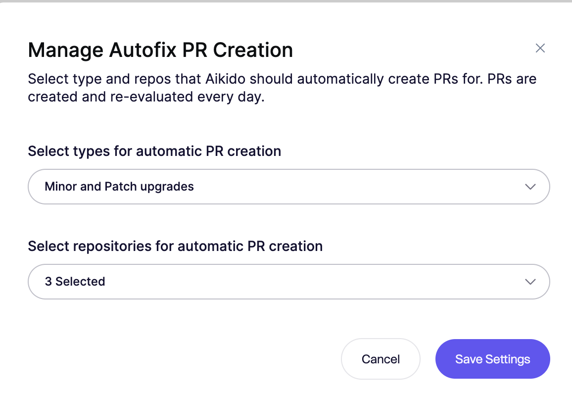 Configure automatic pull request creation for minor and patch upgrades in selected repositories.