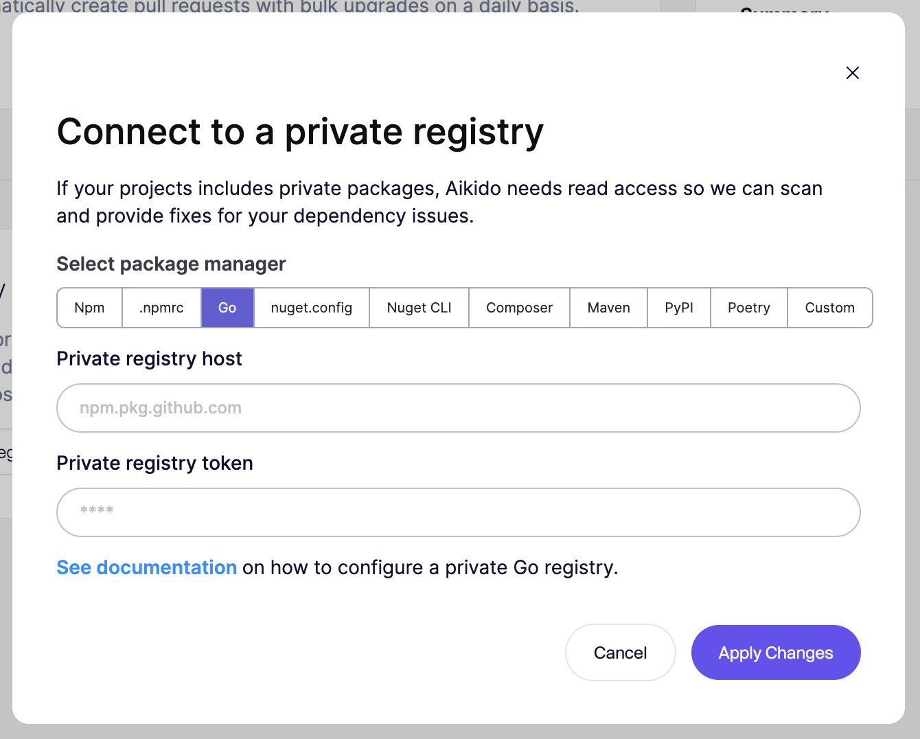 Connect to a private registry by entering host and token for dependency scanning.