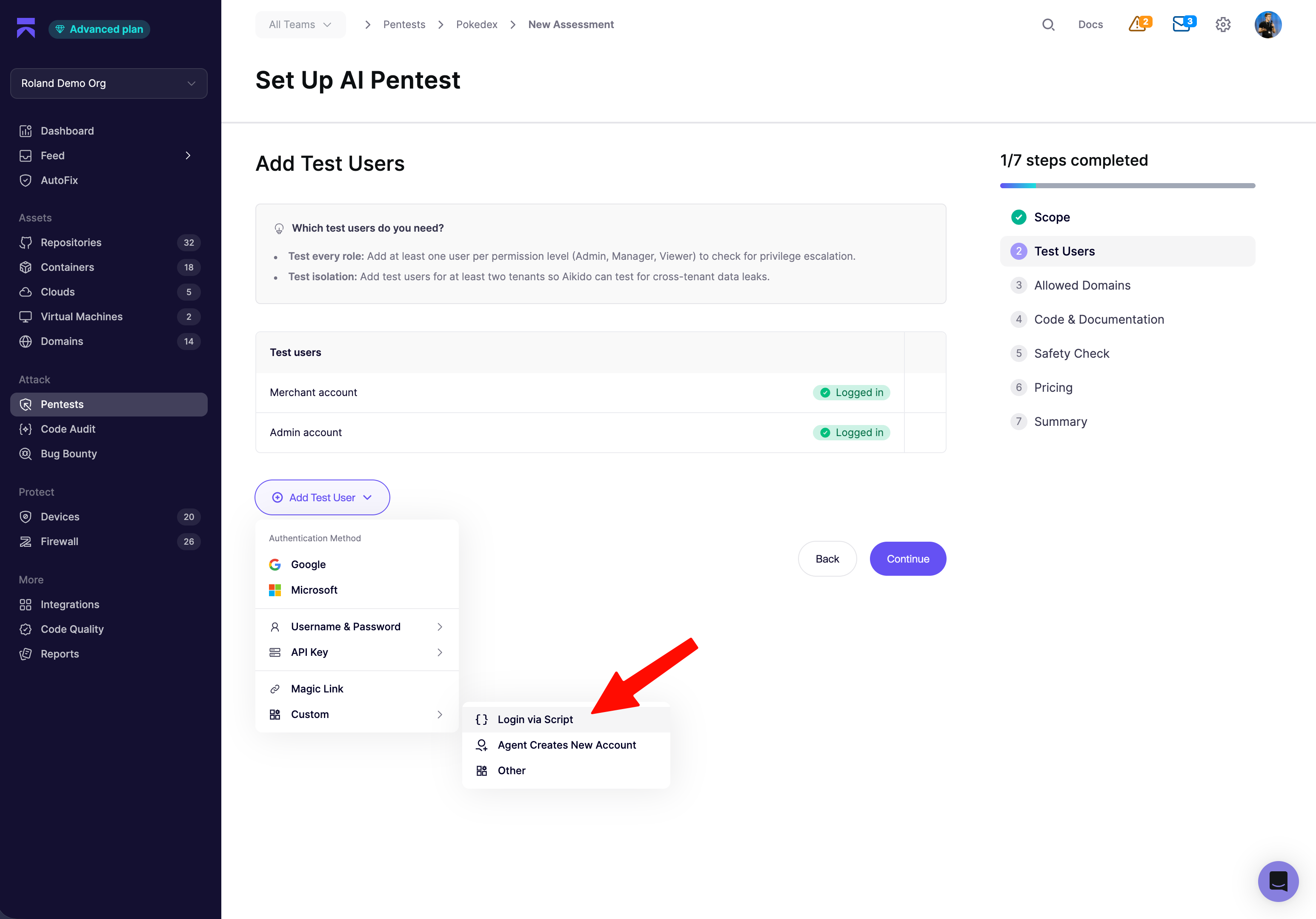 Add Test User menu - the Login via Script option lives under Custom