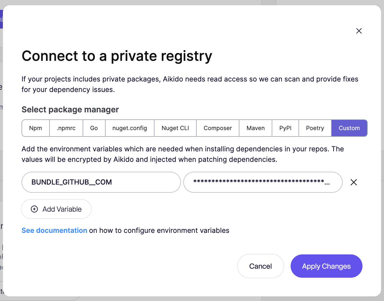 Configure environment variables to connect Aikido to a private package registry.