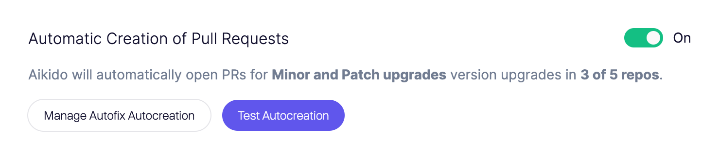 Automatic pull requests enabled for minor and patch upgrades in selected repositories.