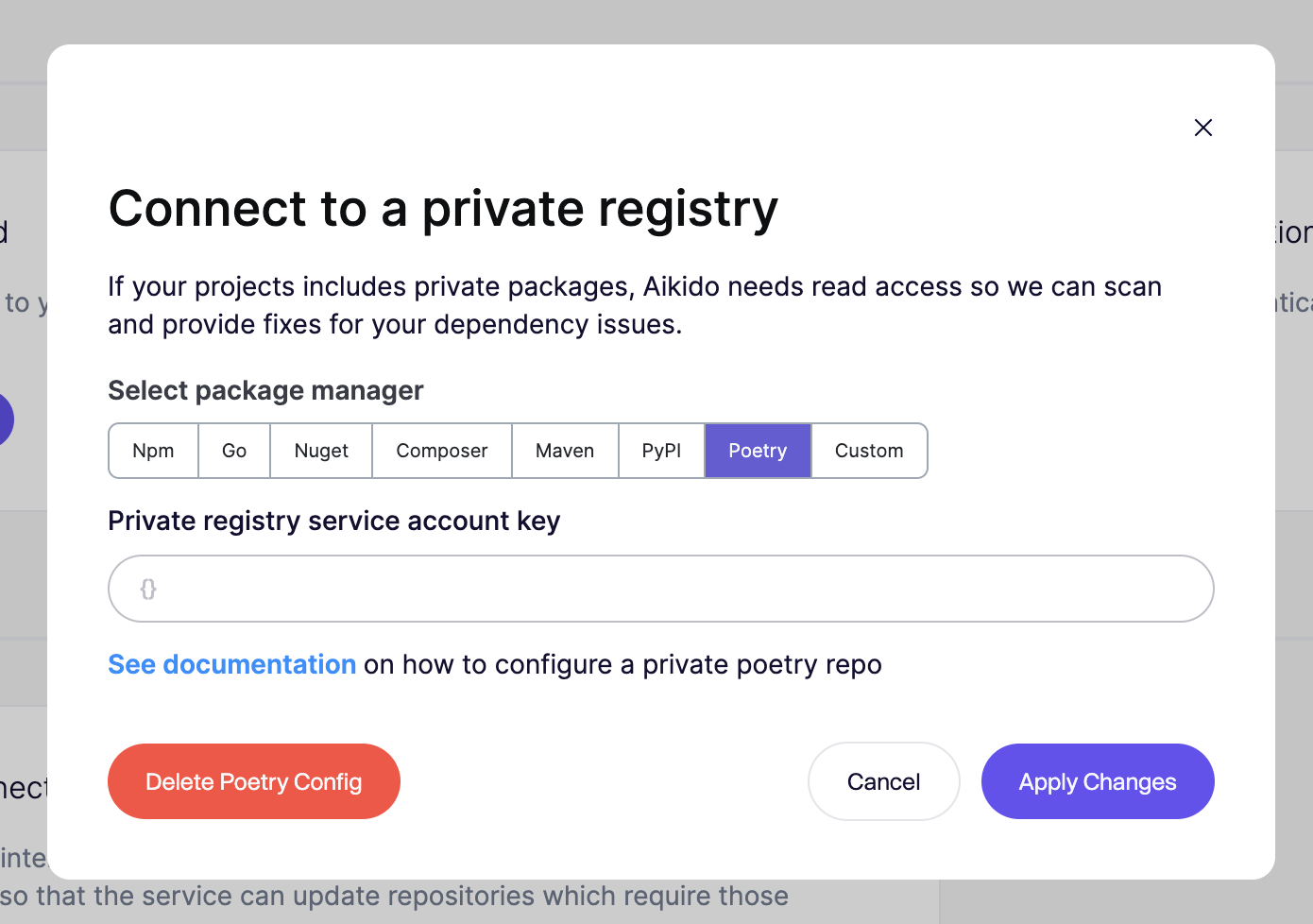Configure private registry access for multiple package managers, including Poetry, using an account key.
