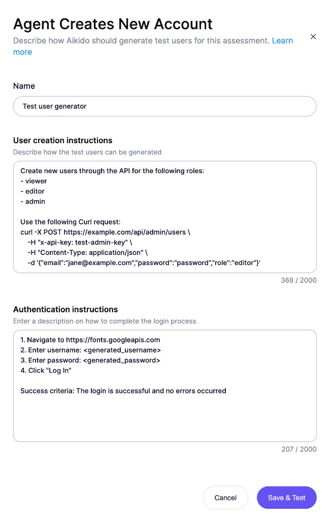 Authentication Set modal with User creation and Authentication instructions