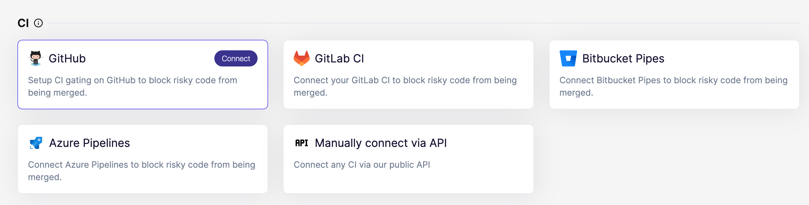 Connect CI tools (GitHub, GitLab, Bitbucket, Azure) to block risky code merges.