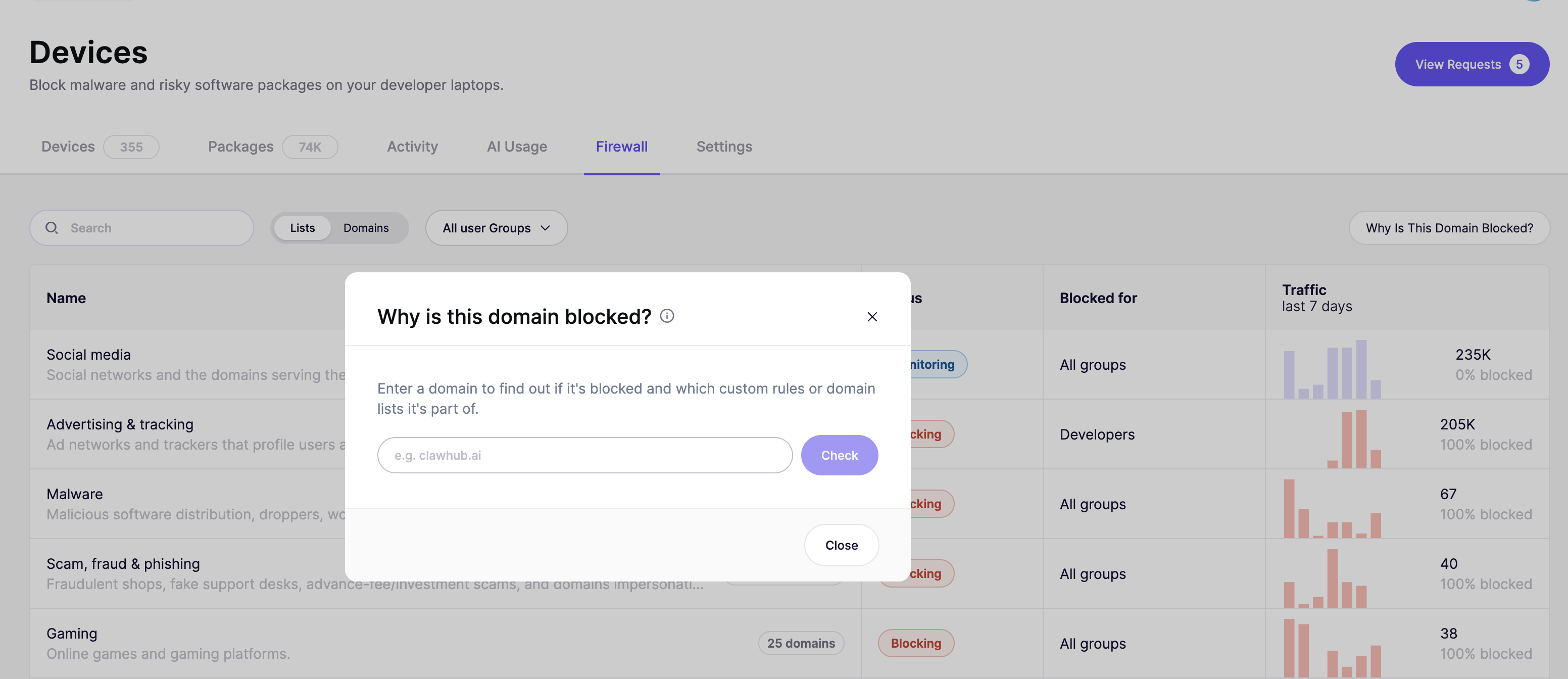 The Why is this domain blocked dialog with a field to enter a domain and a Check button
