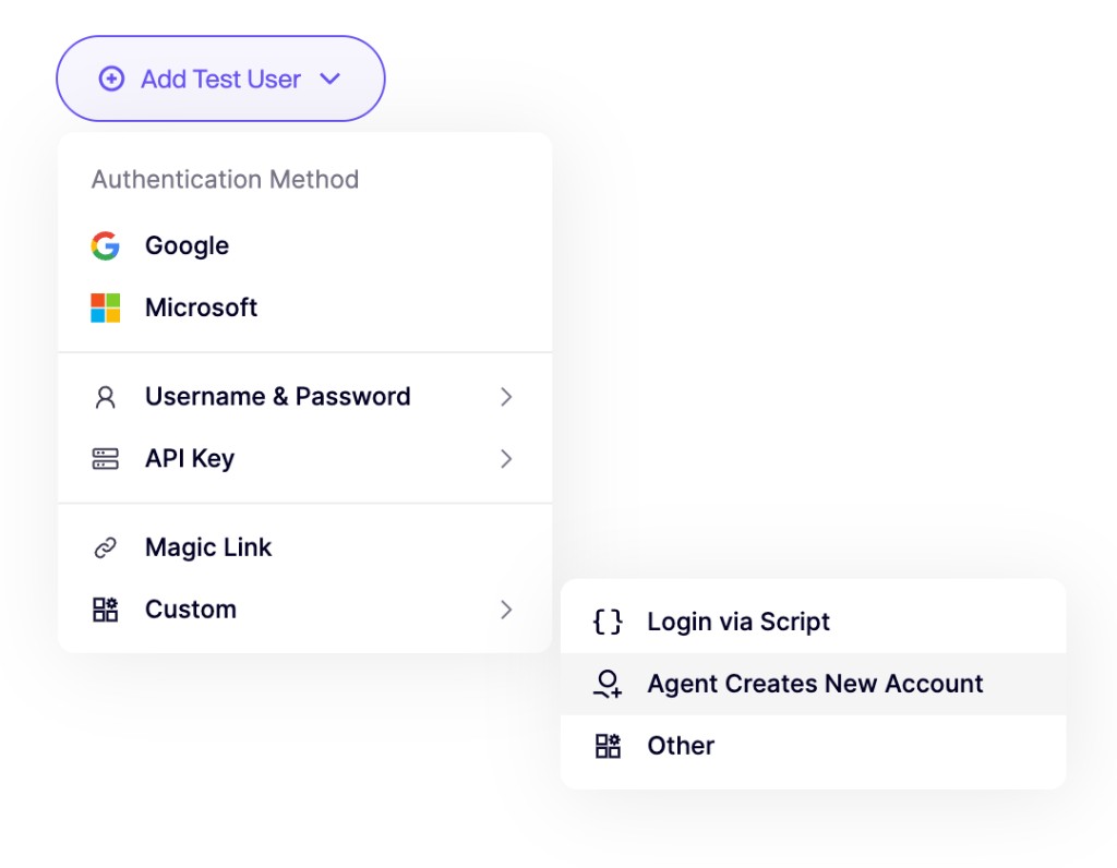 Add Test User menu showing Custom > Agent Creates New Account