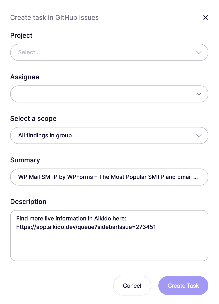 Form for creating a new GitHub issue task with project, assignee, and description fields.