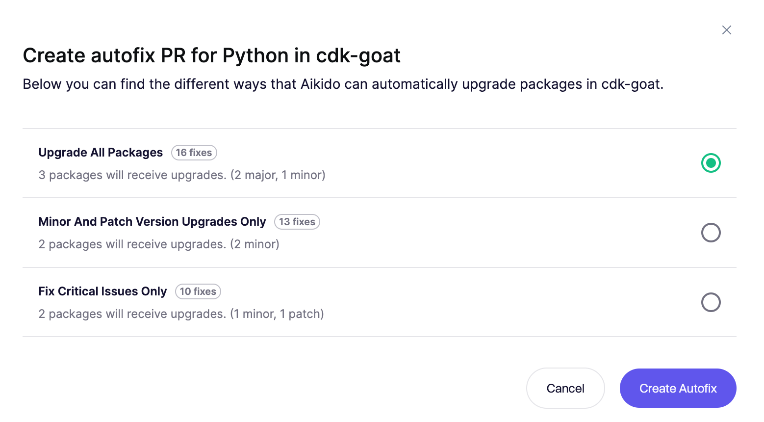 Options for creating an AutoFix PR to upgrade Python packages in cdk-goat.
