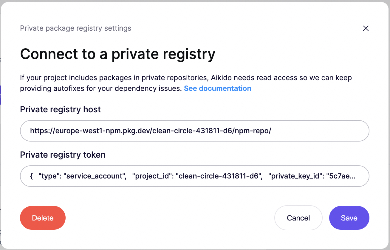 Configure access to a private npm package registry with host and token details.