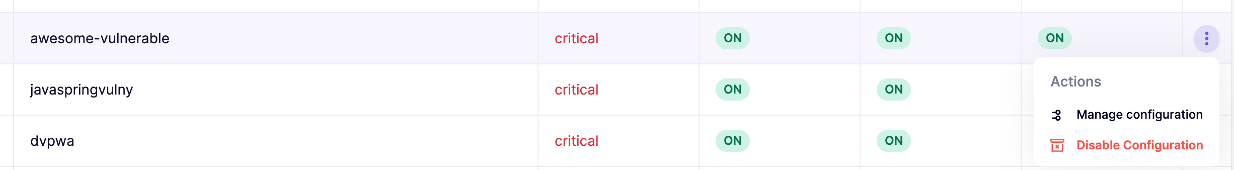 Critical vulnerability status dashboard with configuration management options for projects.