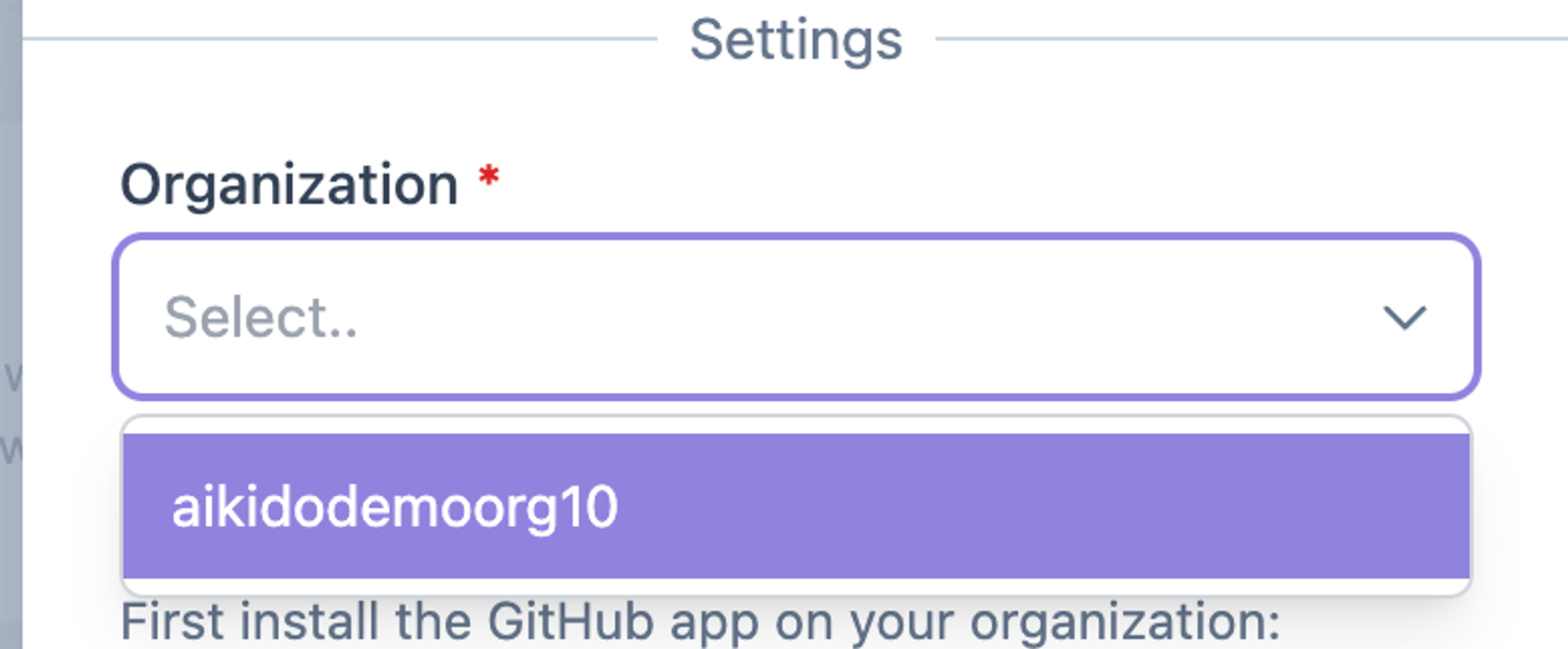 Dropdown menu for selecting an organization in settings.