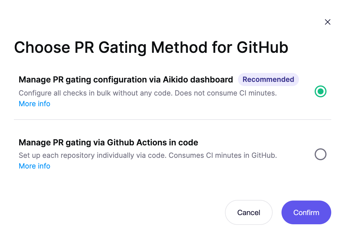 Select a PR gating method for GitHub: Aikido dashboard or GitHub Actions in code.