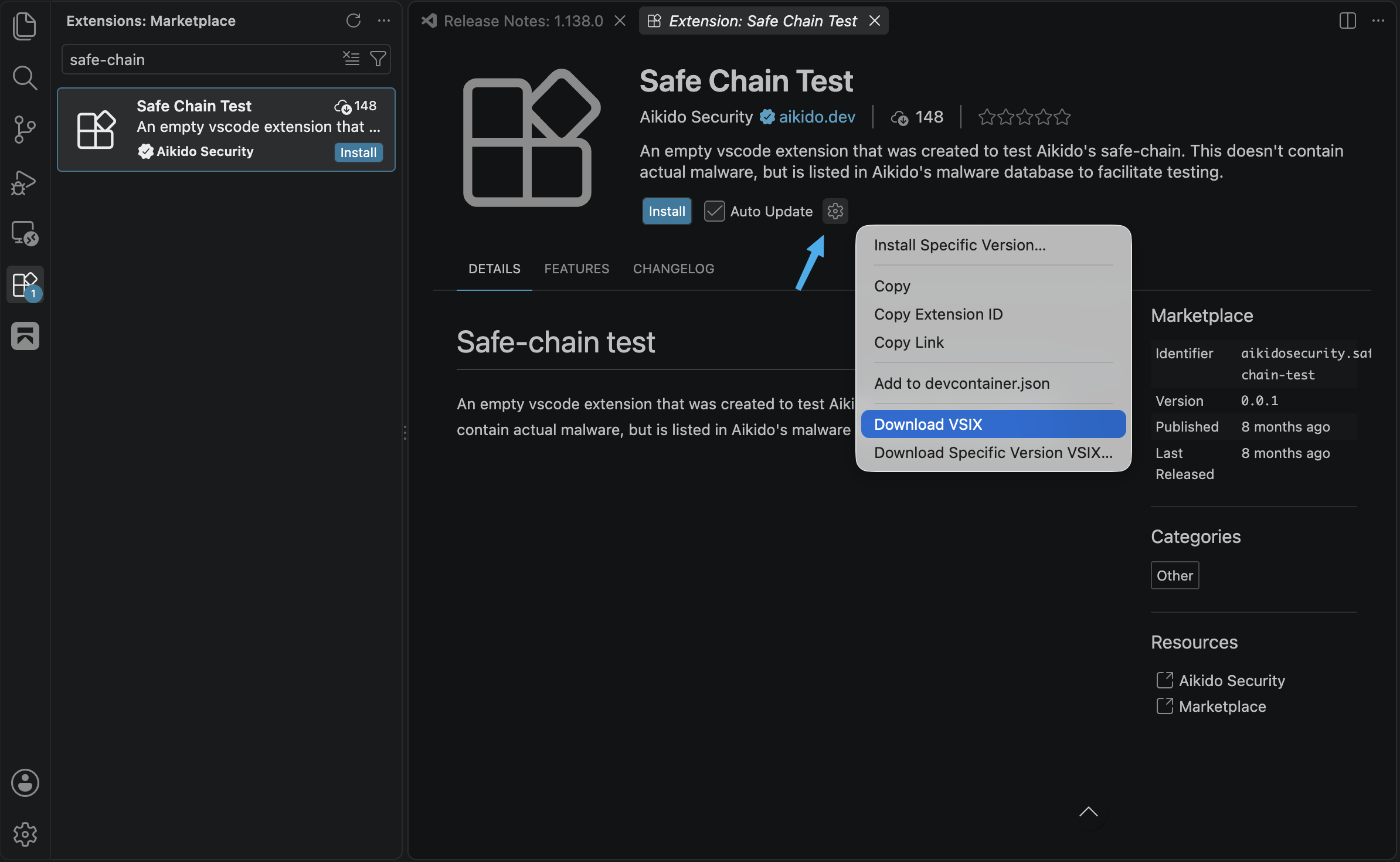 The VS Code extension page with the gear menu open on Download VSIX