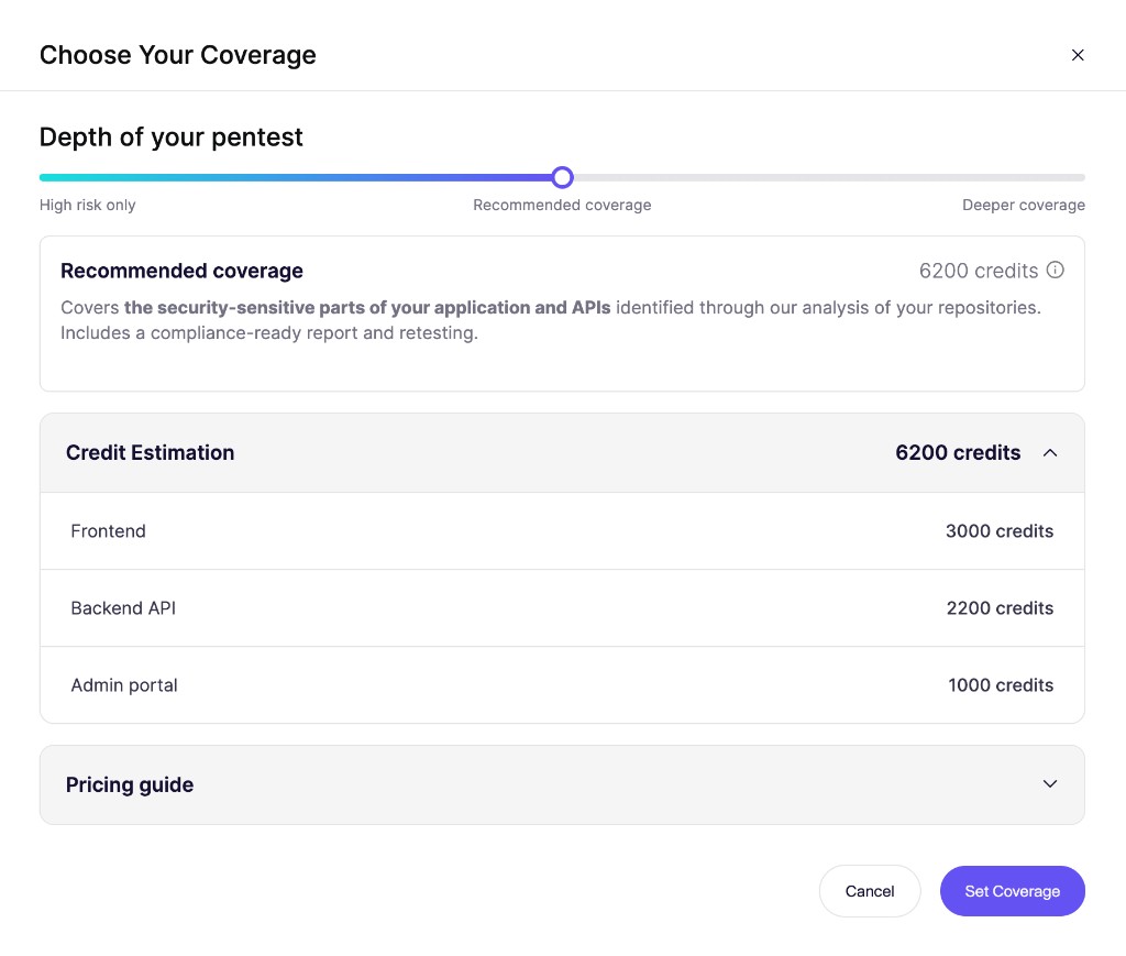 Choose Your Coverage dialog showing the coverage slider and a credit estimate broken down by repository