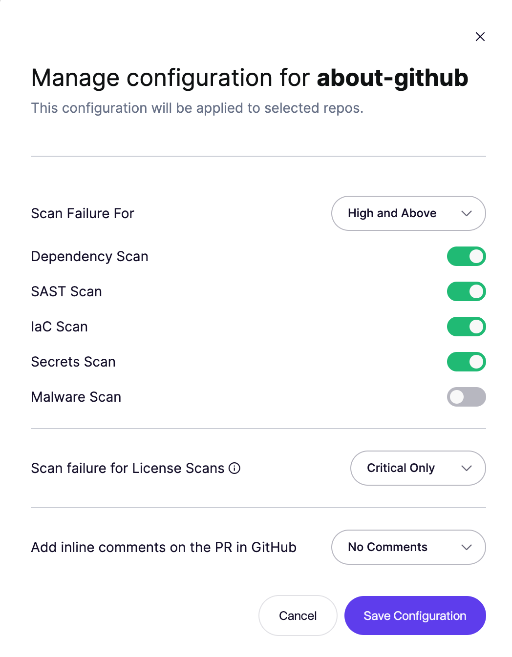 Security scanning configuration settings for the "about-github" repository.